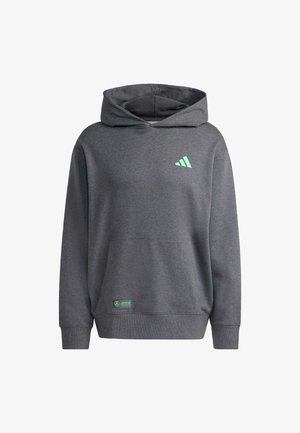 Grijze hoodie van zacht materiaal, met een voorzak, verstelbare trekkoordkap, en een mintgroen merklogo op de borst.