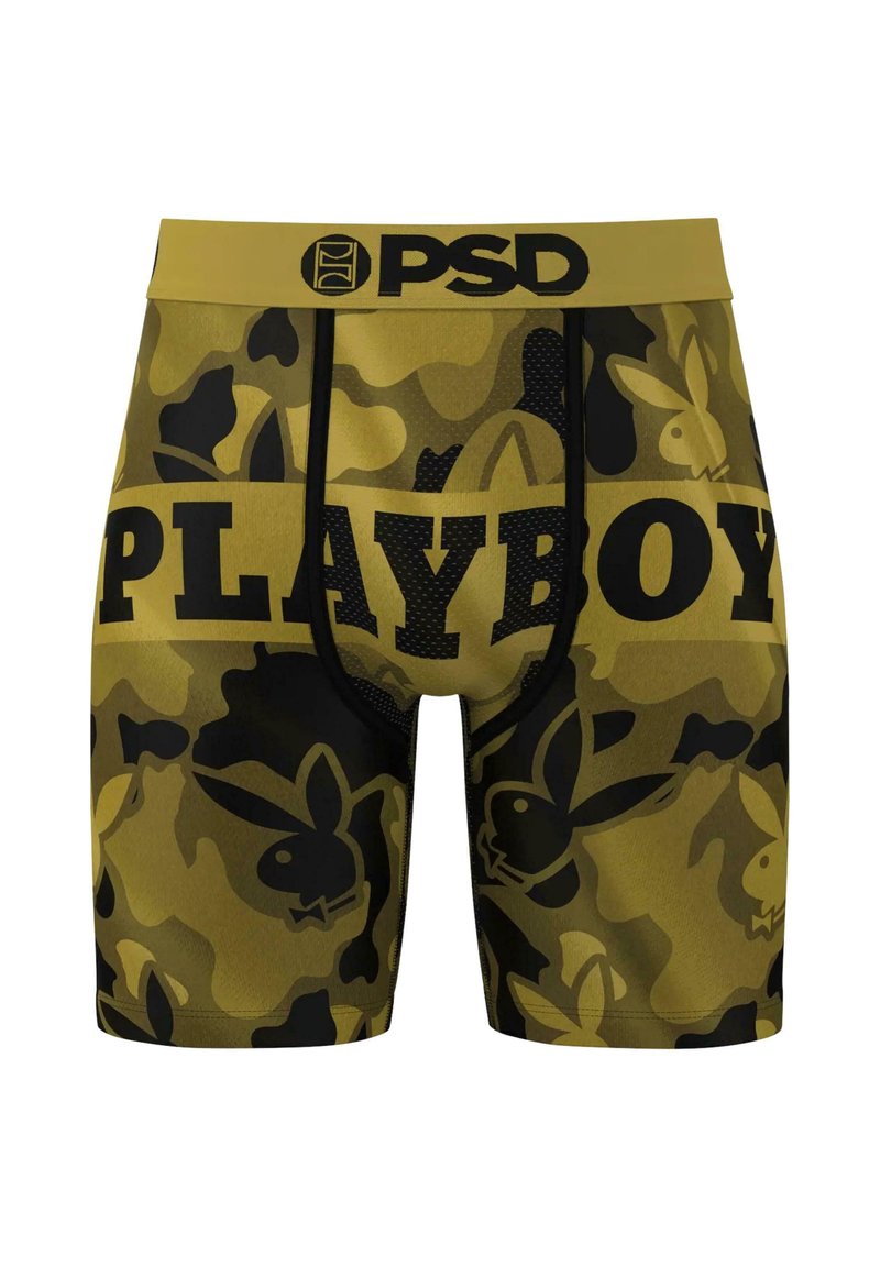 Olivo žali ir juodos spalvos kamufliažo raštas boxeriai su "PLAYBOY" užrašu ryškiu juodu tekstu ant juosmens ir kūno.