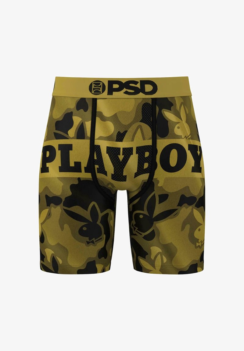 Bokserice s kamuflažnim uzorkom u maslinasto zelenoj i crnoj boji s natpisom "PLAYBOY" ispisanim podebljanim crnim slovima na pojasu i tijelu.