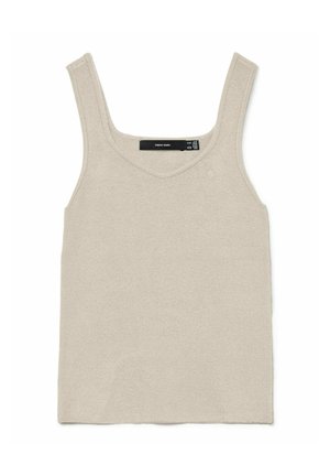 Débardeur sans manches de couleur beige clair avec un col rond, fabriqué en tissu doux, présentant un design simple et un ourlet droit.