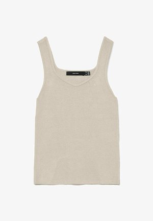 Débardeur sans manches de couleur beige clair avec un col rond, fabriqué en tissu doux, présentant un design simple et un ourlet droit.