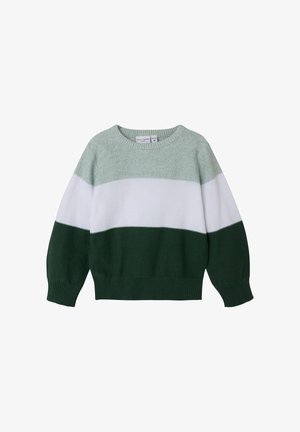 Green, white, and dark green striped knit sweater with a round neckline and ribbed cuffs and hem. Soft texture, casual design.