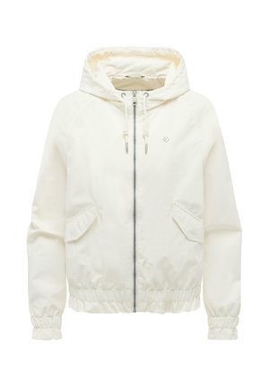 White hooded jacket with full front zipper, drawstring hood, elastic cuffs and hem, and two flap pockets on the front.