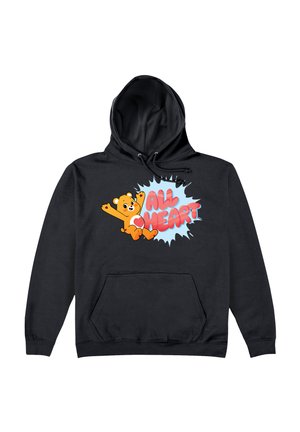 Czarny hoodie z rysunkowym misiem z uniesionymi ramionami i napisem "ALL HEART" w odważnym, kolorowym tekście, umieszczony na tle jasnoniebieskiego promienia.