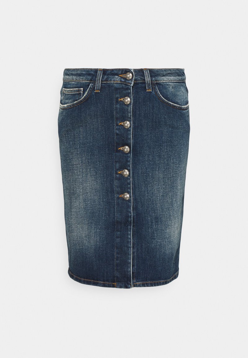 Mörkblå jeanskjol i rak modell, med en knappstängning framtill, fem fickor och detaljer i silverfärg.