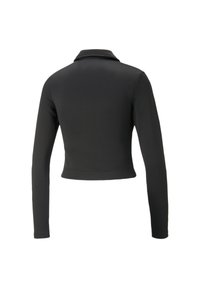 Chaqueta corta negra con cuello, mangas largas, textura acanalada y dobladillo limpio. La vista posterior muestra un diseño ajustado y una superficie suave.