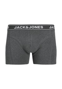 Szürke pamut férfi boxer alsónadrág fekete derékpánttal, amelyen fehér betűkkel a "JACK & JONES" márka neve szerepel. Testhezálló szabás, lapos varrás.