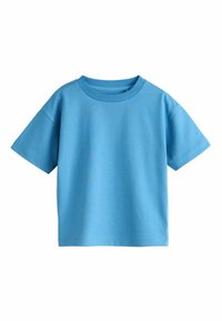 Tricou bleu deschis din bumbac, cu mâneci scurte, decolteu rotund și textură netedă. Design simplu, fără ornamente.