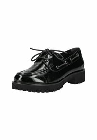 Scarpa nera in pelle verniciata con lacci, suola spessa e decorativa allacciatura laterale, inclinata a sinistra su sfondo bianco.