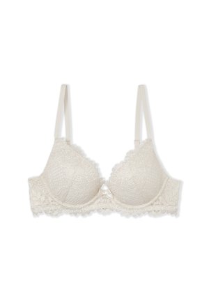 Spitzen-BH in cremiger Farbe mit Bügelunterstützung, gepolsterten Cups, gewellten Rändern, durchscheinenden Spitzenakzenten und einer zentralen Schleifenverzierung.