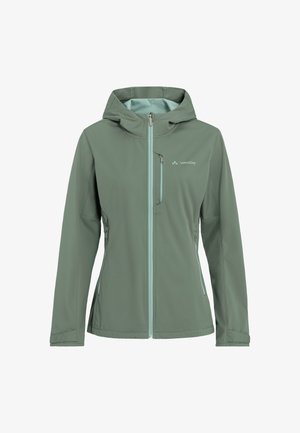 Grüne Softshell-Jacke mit Kapuze, Reißverschluss vorne und hellblauen Akzenten. Verfügt über Seitentaschen und ein tailliertes Design für zusätzlichen Komfort.