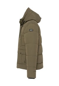 Puchowa oliwkowo-zielona kurtka z kapturem, z kieszenią na zamek, zatrzaskami i naszywką z logo na rękawie. Teksturowana tkanina i elastyczne mankiety.