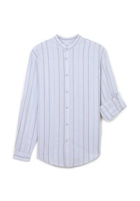 Camicia bianca con righe verticali grigio chiaro, colletto alla coreana, maniche lunghe e polsini arrotolati. Tessuto morbido e orlo arrotondato.