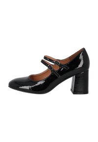 Black patent leather Mary Jane-style shoe with a rounded toe, two adjustable straps, and a block heel. Smooth texture and minimal accents.