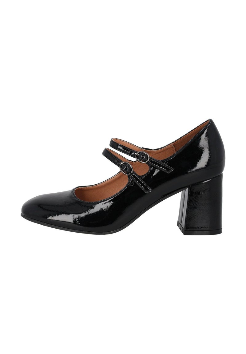 Chaussure noire en cuir verni de type Mary Jane avec un bout arrondi, deux brides ajustables et un talon carré. Texture lisse et accents minimaux.