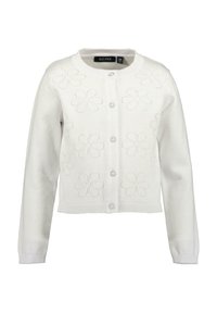 Vit stickad kofta med rund halsringning, knäppning framtill och blommönster. Ribbad manschetter och nederkant, med en mjuk textur.