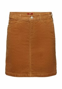 Gonna in corduroy marrone, con silhouette dritta, tasche frontali, passanti per cintura e chiusura con bottone. Tessuto testurizzato con righe verticali.