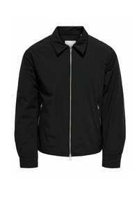 Svart jakke med glidelås, spiss krage, lange ermer og glidelåslommer på sidene, vist på hvit bakgrunn.