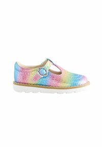 Colorful children's shoe with a textured, iridescent upper featuring a T-bar strap, silver floral buckle, and a white rubber sole.