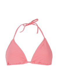 Rožinė bikini viršutinė dalis, trikampio formos, su tekstūruotu zigzago raštu ir reguliuojamais ryšiais aplink kaklą ir nugarą. Įtraukta prekės ženklo detalė.