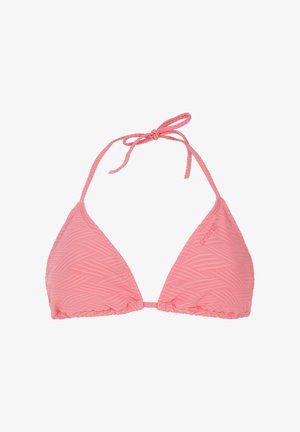 Rožinė bikini viršutinė dalis, trikampio formos, su tekstūruotu zigzago raštu ir reguliuojamais ryšiais aplink kaklą ir nugarą. Įtraukta prekės ženklo detalė.