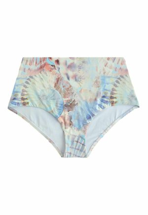 Dół bikini z wysokim stanem z pastelowymi muszlami i abstrakcyjnymi wzorami inspirowanymi oceanem w odcieniach niebieskiego, beżu i koralu.