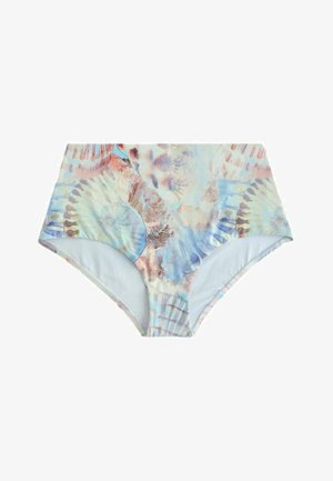 Partea de jos a unui costum de baie cu talie înaltă, cu modele abstracte pastelate inspirate de scoici și ocean, în tonuri de albastru, bej și coral.