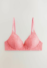 Braletă din dantelă roz cu bretele din satin și detalii cu model floral, având cupe ușor căptușite și un spate fără cusături pentru confort.
