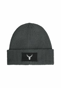 Dark gray knitted beanie with folded cuff featuring a black patch displaying a white stylized deer head logo.