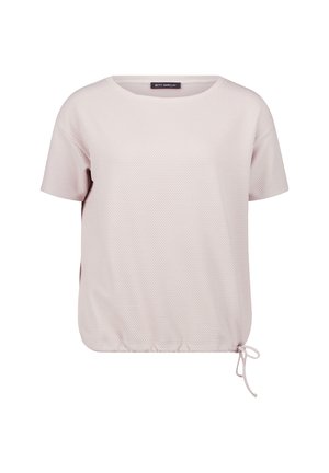 Haut à manches courtes rose clair avec un tissu texturé. Caractéristiques d'un col rond et d'un cordon de serrage à l'ourlet pour un ajustement réglable.