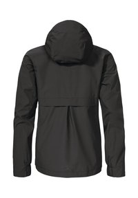 Schwarze wasserdichte Jacke mit Kapuze, ausgestattet mit einem Rückenschlitz und elastischen Bündchen, aus glattem, leichtem Material gefertigt.