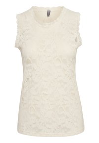 Top sans manches en dentelle de couleur blanc cassé, présentant un col en dentelle festonné et un motif floral. Texture douce avec une coupe ajustée et un ourlet droit.