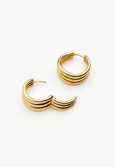 Ζευγάρι λαμπερών χρυσών σκουλαρικιών κρίκων με σχεδιασμό με ραβδώσεις και στρώσεις, σε λευκό φόντο.