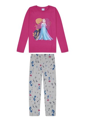 Roter Langarmoberteil mit einer Illustration eines Charakters, kombiniert mit hellgrauen Hosen, die mit blauen und rosa Blumenmustern dekoriert sind.