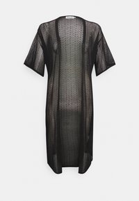 Czarny długi kardigan z dzianiny, z krótkimi rękawami, otwarty z przodu, o lekkiej teksturze i wzorze ze szczebelków.