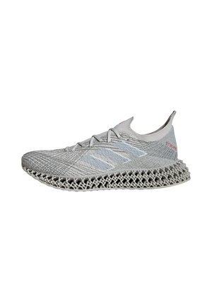 Gray athletic shoe with a textured knit upper, lightweight design, and a distinctive lattice-patterned sole. Red accent on the heel.