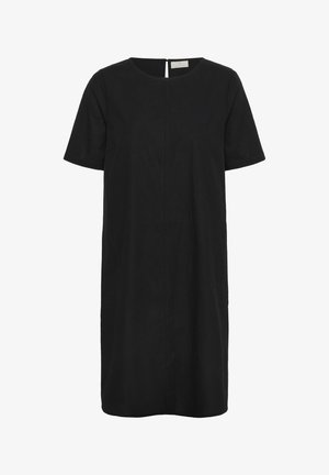 Czarna sukienka o krótkich rękawach, długości do kolan, z okrągłym dekoltem, prostym krojem i zapięciem na guziki z tyłu.