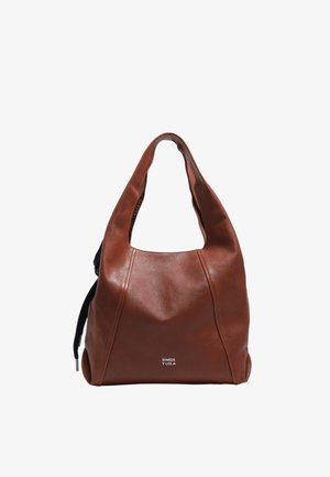 Braune Leder-Umhängetasche mit weicher Struktur und dem Logo "BIMBA Y LOLA" in Weiß, zentriert nahe dem unteren Rand.