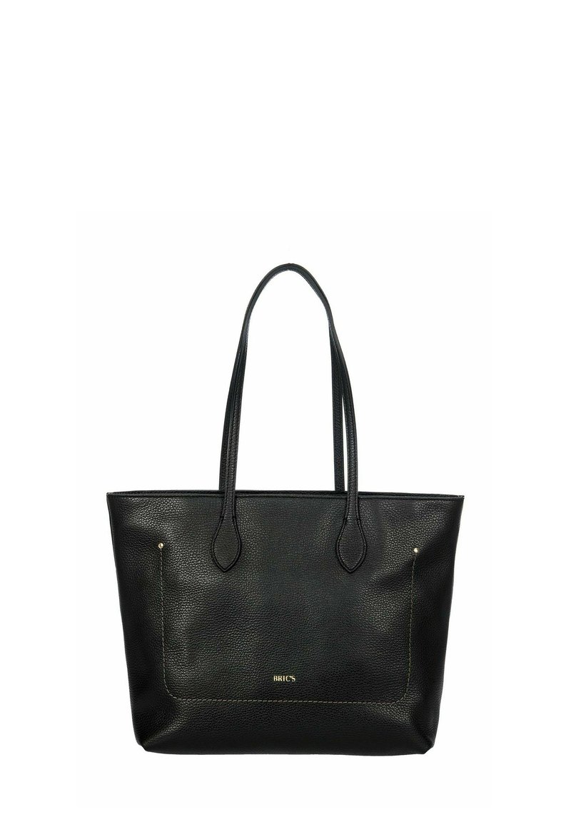Sac en cuir noir avec une finition texturée, deux poignées et une poche avant avec un accent doré. Design minimaliste et intérieur spacieux.