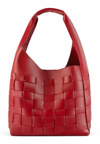 Red leather handbag with a woven texture, featuring a large, rounded body and a curved, padded shoulder strap.