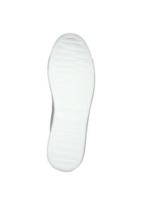 Weiße Gummisohle mit geriffeltem Traktionsmuster, geprägtem Markenlogo und glattem Rand. Minimalistisches Design für Freizeutschuhe.