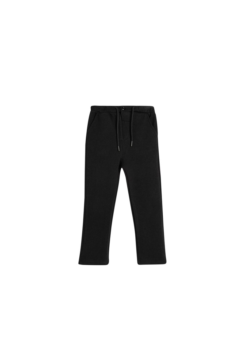 Svarta sweatpants i mjukt tyg. Har en elastisk midja med snörning, två sidofickor och en rak bendesign.