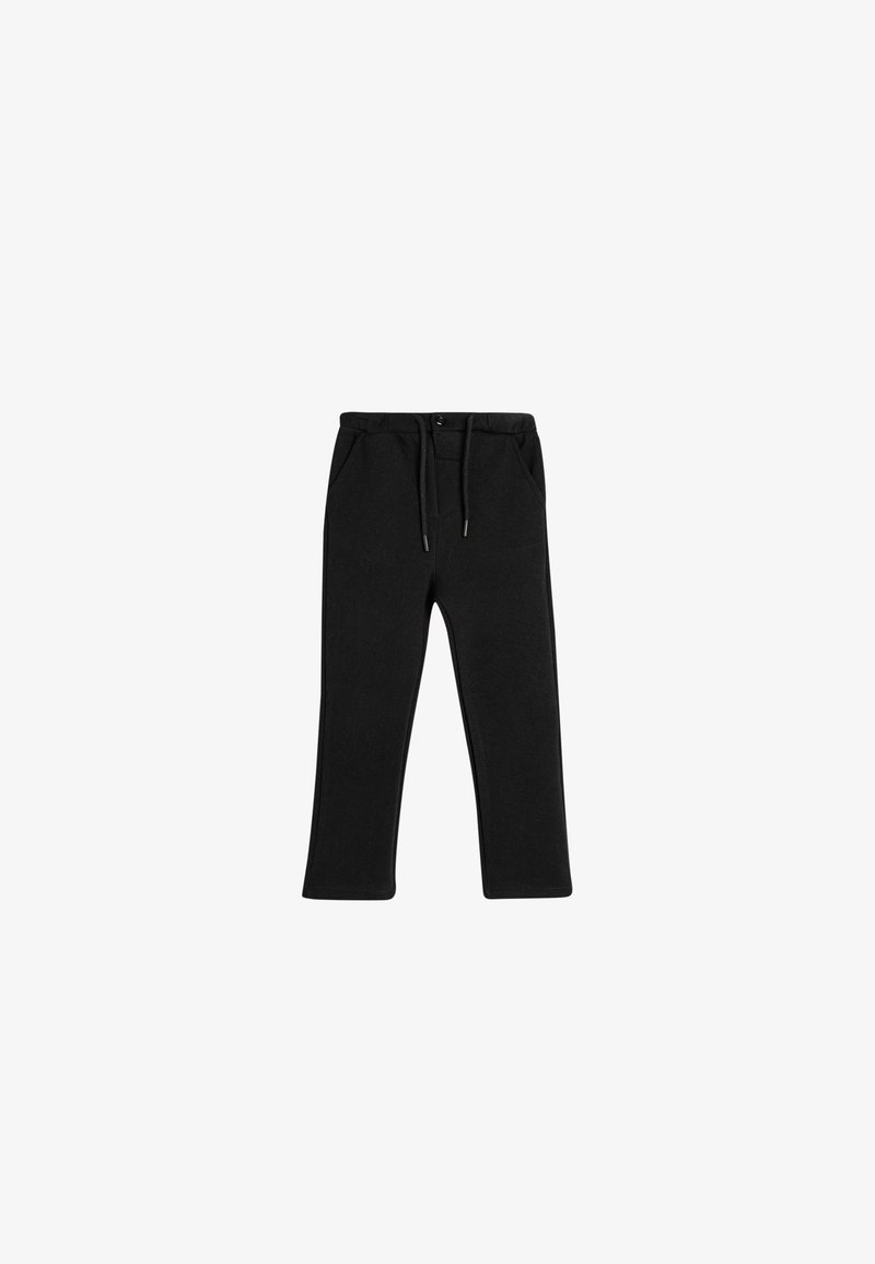 Schwarze Jogginghose aus weichem Stoff. Verfügt über einen elastischen Bund mit Kordelzug, zwei Seitentaschen und ein gerades Bein-Design.