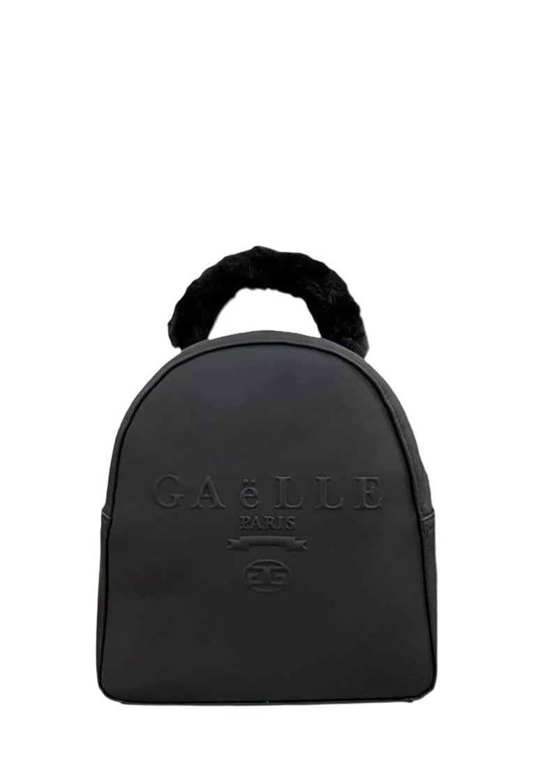 Zaino in pelle nera con forma arrotondata, logo "GAËLLE PARIS" in rilievo e manico testurizzato e morbido.