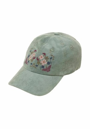 Hellgrüne Cord-Baseballkappe mit gestickten pinken und blauen Blumen auf dem Frontpanel.
