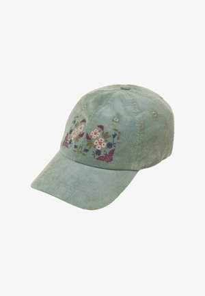 Lysegrøn korden baseballkasket med broderede lyserøde og blå blomster på frontpanelet.