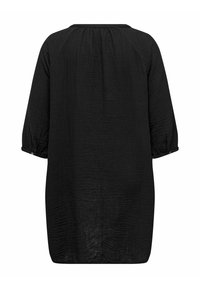 Black tunic with a textured, crinkled fabric. Features three-quarter sleeves and a rounded neckline. Relaxed fit. Classic style.