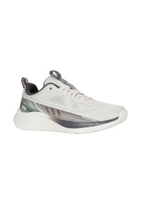 Białe buty sportowe z teksturowaną cholewką i zielonymi akcentami. Posiadają amortyzowaną podeszwę, zapięcie na sznurówki oraz siateczkowe detale na języku.