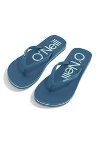 Blå klipklapper med en tekstureret sål, der har en bred tåpost og sidelæder. "O’Neill" logoet trykt i en kontrastfarve.