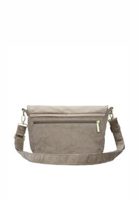 Borsa in corduroy marrone con tasca frontale con zip, forma rettangolare, tracolla regolabile e accessori in ottone. Texture morbida.